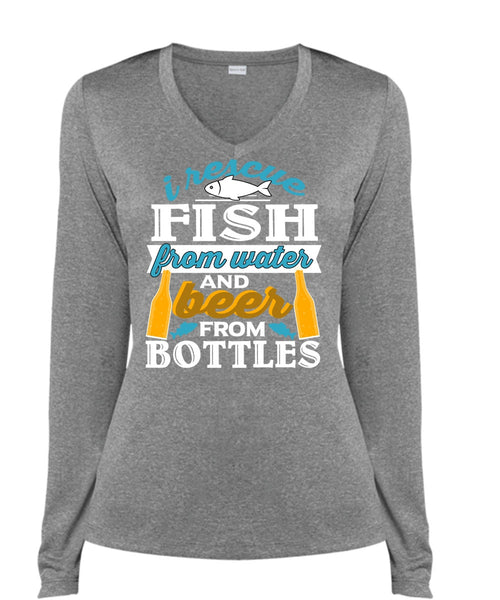 I Rescue Fishing From Water T Shirt, Beer From Bottles T Shirt, Cool Shirt (Ladies LS Heather V-Neck)