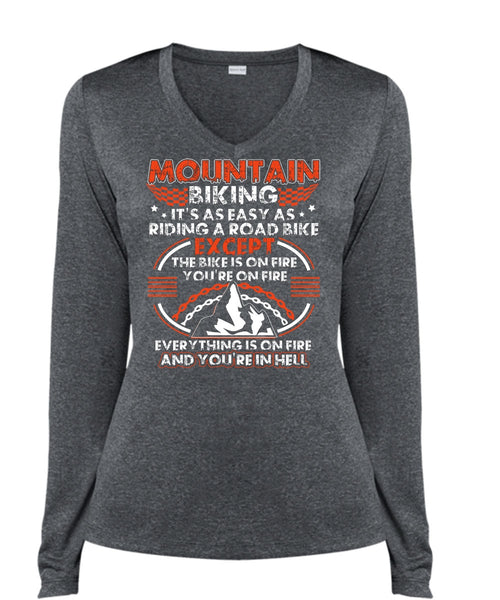 Mountain Biking T Shirt, Riding A Road Bike T Shirt, Cool Shirt (Ladies LS Heather V-Neck)