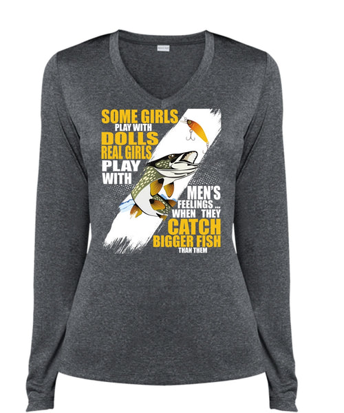 They Catch Bigger Fish T Shirt, Being A Fisher T Shirt, Cool Shirt (Ladies LS Heather V-Neck)