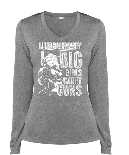 Little Girls Cry T Shirt, Big Girls Carry Guns T Shirt, Cool Shirt (Ladies LS Heather V-Neck)
