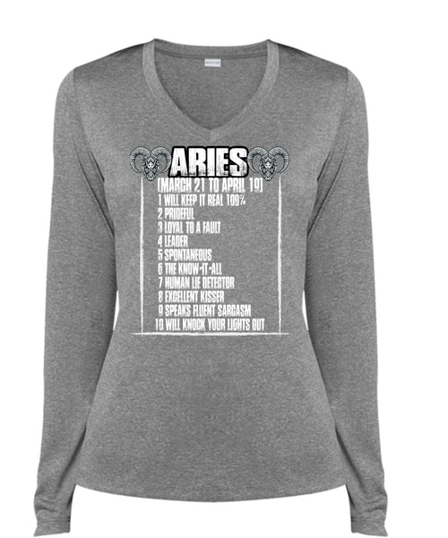 Aries Will Knock Your Lights Out T Shirt, Being An Aries T Shirt, Cool Shirt (Ladies LS Heather V-Neck)