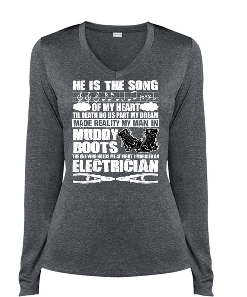 I Married An Electrician T Shirt, He Is The Song T Shirt, Cool Shirt (Ladies LS Heather V-Neck)