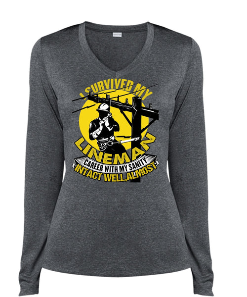 I Survived My Lineman T Shirt, I Love Lineman T Shirt, Cool Shirt (Ladies LS Heather V-Neck)