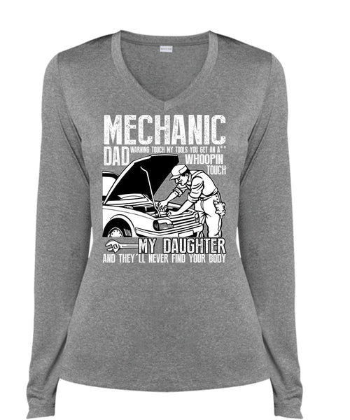 Mechanic Dad T Shirt, My Daughter T Shirt, Cool Shirt (Ladies LS Heather V-Neck)