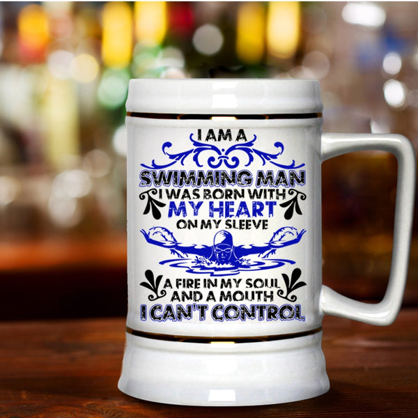 I Was Born With My Heart Beer Stein 22oz, I Am A Swimming Man Beer Mug