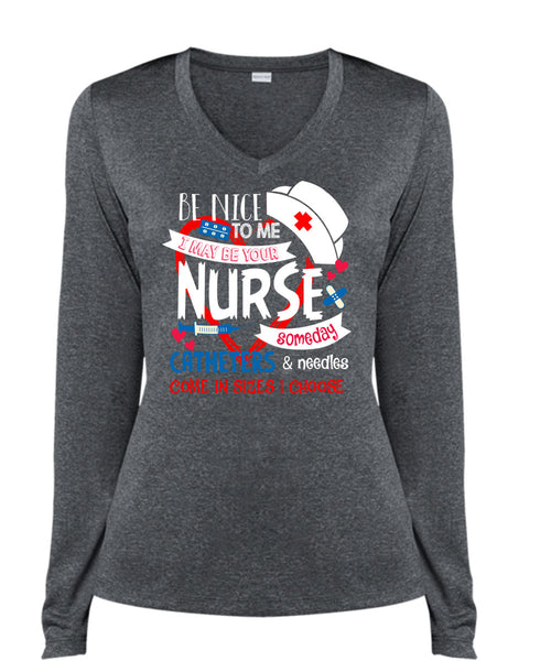 I May Be Your Nurse Someday Catheters T Shirt, I Love Nursing T Shirt, Cool Shirt (Ladies LS Heather V-Neck)