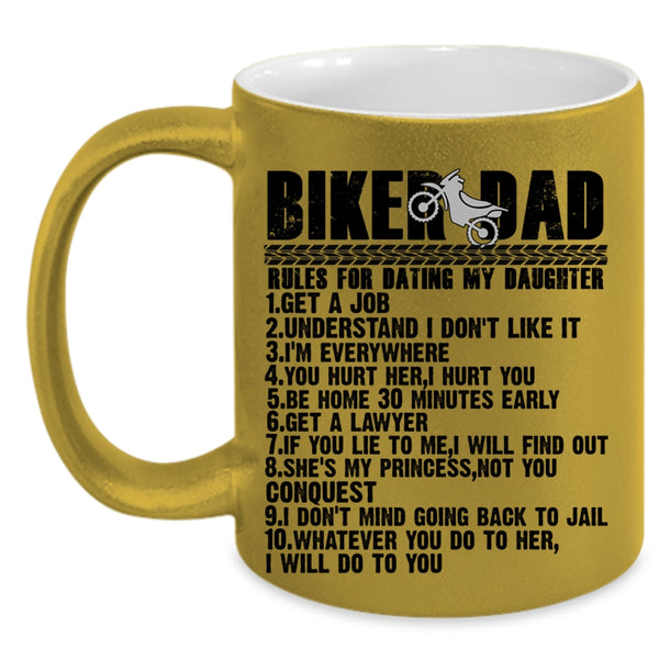 Cool Biker Dad Coffee Mug, Biker Dad Rules For Dating My Daughter Accent Mug