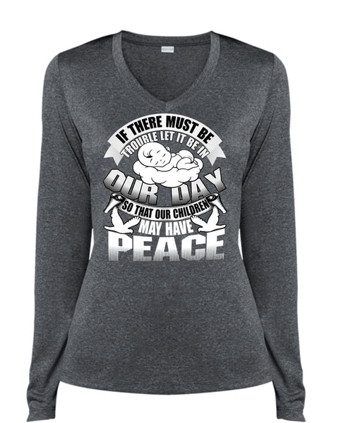 Children May Have Peace T Shirt, Being A Baby T Shirt, Cool Shirt (Ladies LS Heather V-Neck)