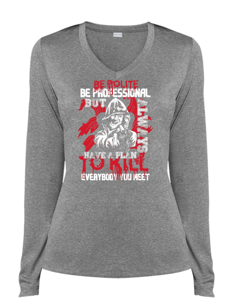 Be Polite Be Professional T Shirt, Being A Gunner T Shirt, Cool Shirt (Ladies LS Heather V-Neck)