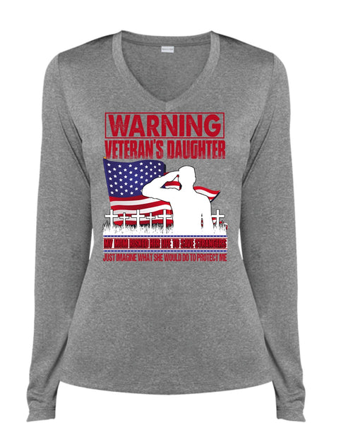 Warning Veteran's Daughter T Shirt, My Mom Risked Her Life T Shirt, Cool Shirt (Ladies LS Heather V-Neck)