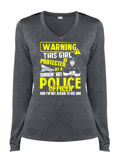 This Girl Is Protected By A Police Officer T Shirt, Being A Police T Shirt, Cool Shirt (Ladies LS Heather V-Neck)