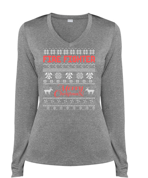 Firefighter Merry Christmas T Shirt, Being A Firefighter T Shirt, Cool Shirt (Ladies LS Heather V-Neck)