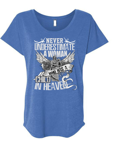 Woman Who Has A Child In Heaven T Shirt, Being A Mom T Shirt, Cool Shirt (Ladies' Triblend Dolman Sleeve)