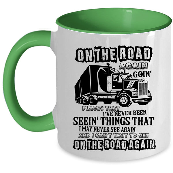 Awesome Truckers Coffee Mug, On The Road Again Going Places Accent Mug