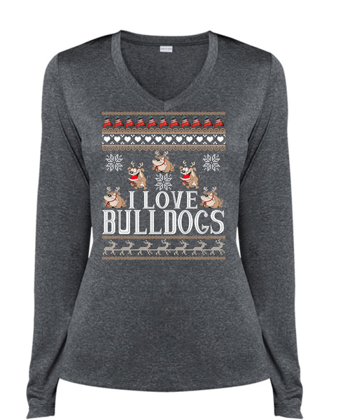 I Love Bulldogs T Shirt, This Girl Loves Christmas T Shirt, Cool Shirt (Ladies LS Heather V-Neck)