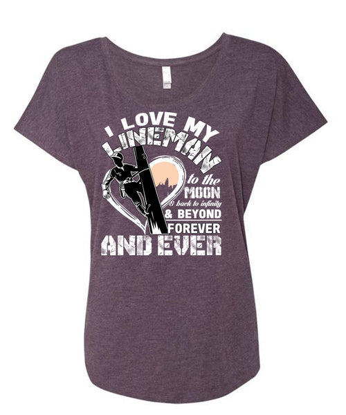 I Love My Lineman T Shirt, Moon And Back T Shirt, Cool Shirt (Ladies' Triblend Dolman Sleeve)