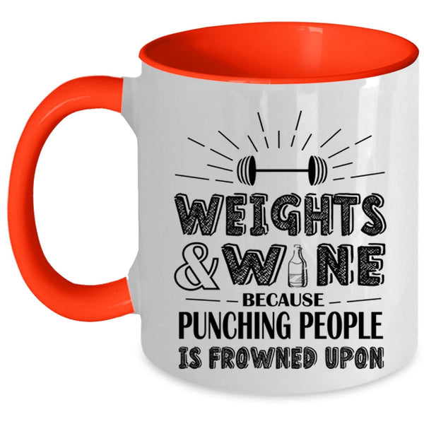 Funny Gift For Wine Drinker Coffee Mug, Weights And Wine Accent Mug