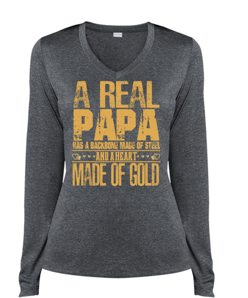A Real Papa T Shirt, Backbone Made Of Steel T Shirt, Cool Shirt (Ladies LS Heather V-Neck)