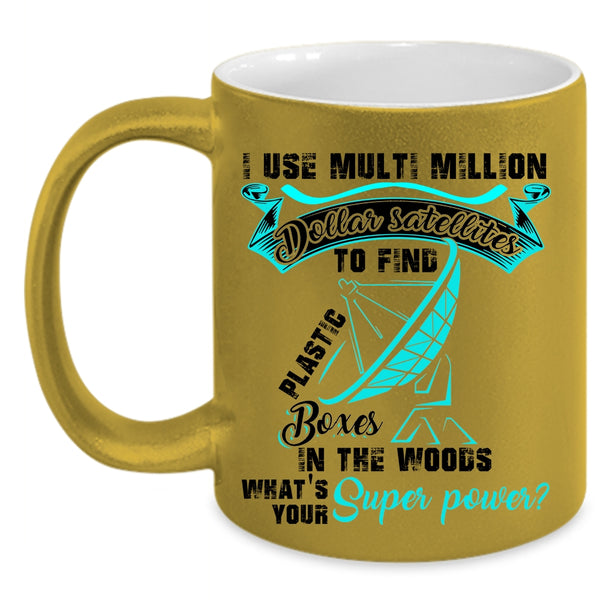 Funny Geocaching Coffee Mug, Plastic Boxes In The Woods Accent Mug