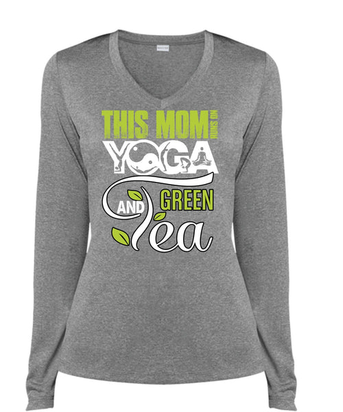 This Mom Runs On Yoga T Shirt, Green Tea T Shirt, Cool Shirt (Ladies LS Heather V-Neck)