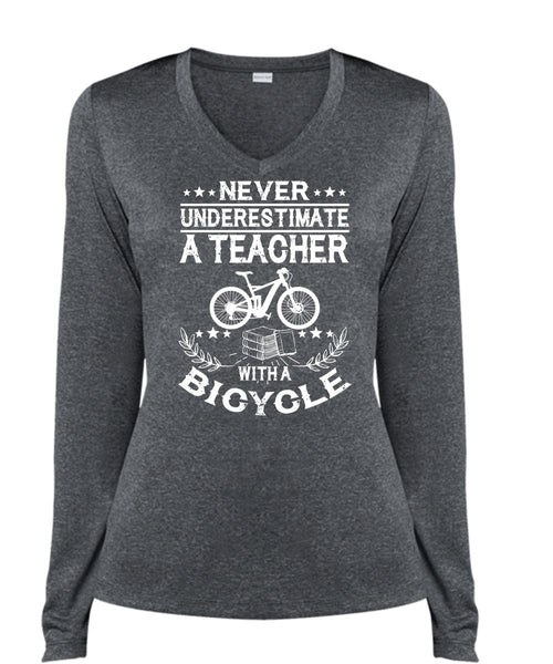 Teacher With A Bicycle T Shirt, Being A Teacher T Shirt, Cool Shirt (Ladies LS Heather V-Neck)