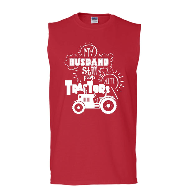 Farmer's Wife T Shirt, My Husband Still Plays With Tractors T Shirt, Cool T Shirt (Men's Cotton Sleeveless)