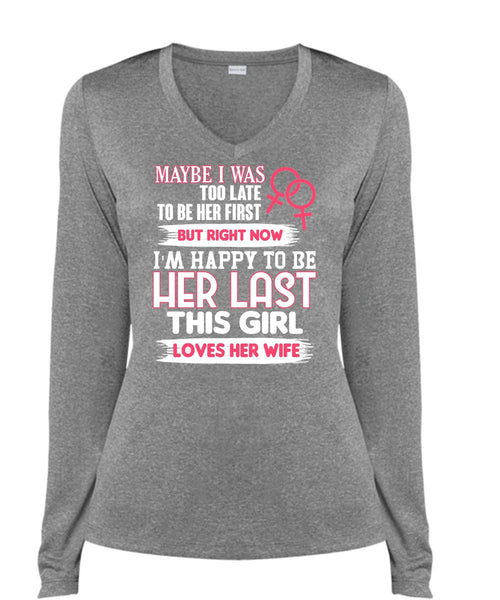 This Girl Loves Her Wife T Shirt, I'm Happy T Shirt, Cool Shirt (Ladies LS Heather V-Neck)