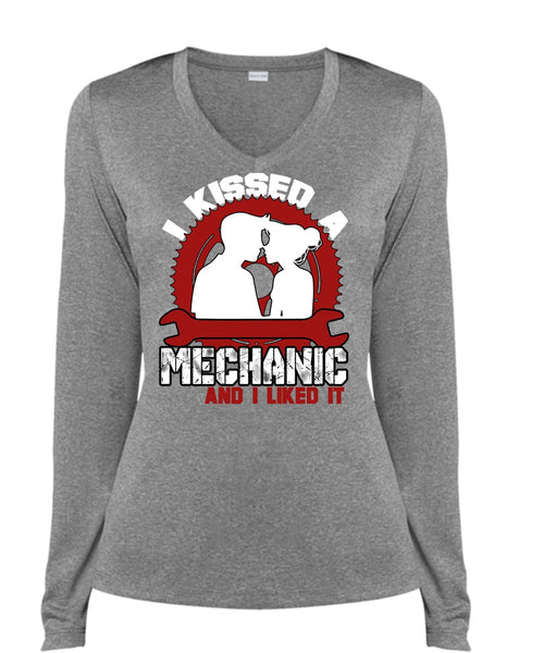 I Kissed Mechanic And I Liked It T Shirt, Being A Mechanic T Shirt, Cool Shirt (Ladies LS Heather V-Neck)