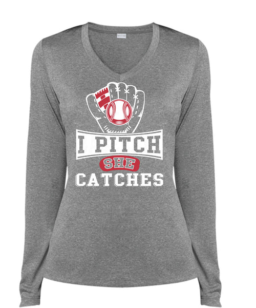 I Pitch She Catch T Shirt, I Love Baseball T Shirt, Cool Shirt (Ladies LS Heather V-Neck)