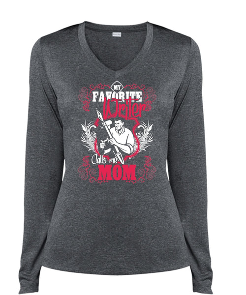 My Favorite Writer T Shirt, Calls Me Mom T Shirt, Cool Shirt (Ladies LS Heather V-Neck)
