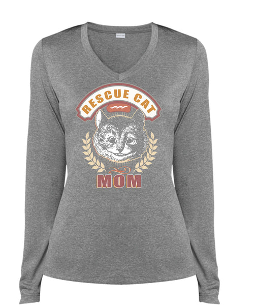 Rescue Cat Mom T Shirt, I Love My Cat T Shirt, Cool Shirt (Ladies LS Heather V-Neck)