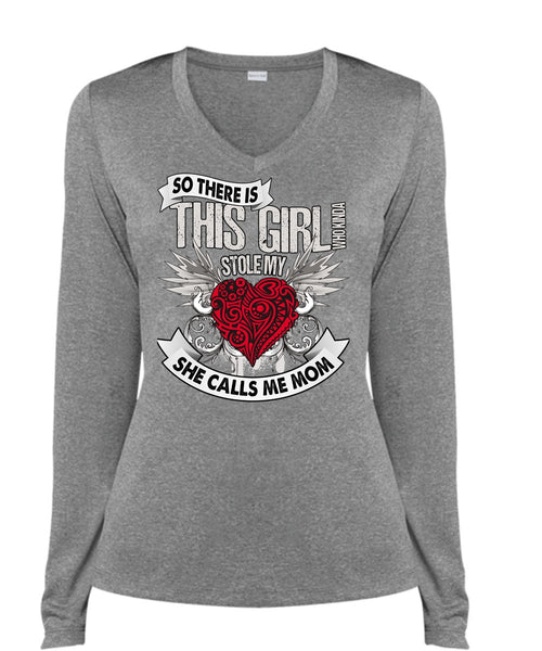 She Calls Me Mom T Shirt, This Girl Stole My Heart T Shirt, Cool Shirt (Ladies LS Heather V-Neck)