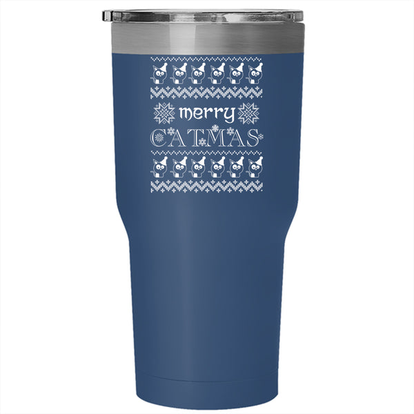 Merry Catmas Tumbler 30 oz Stainless Steel, Christmas Gift For Cat Lover Travel Mug