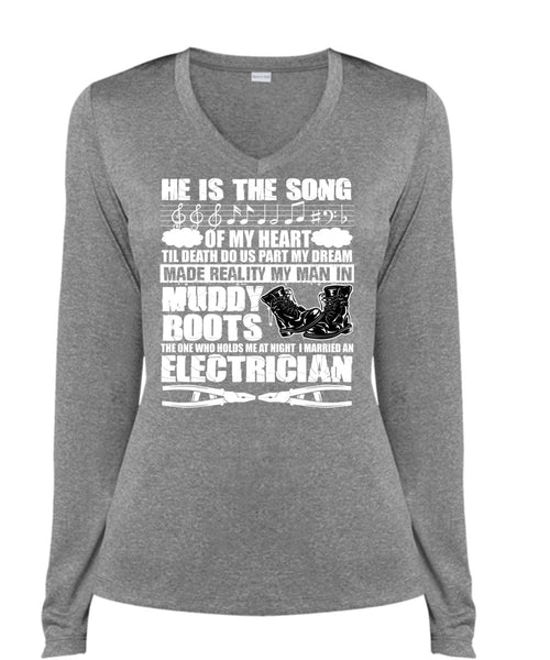 I Married An Electrician T Shirt, He Is The Song T Shirt, Cool Shirt (Ladies LS Heather V-Neck)