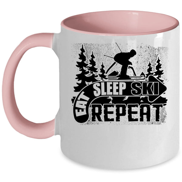 Outdoor Activity Coffee Mug, Eat Sleep Ski Repeat Accent Mug