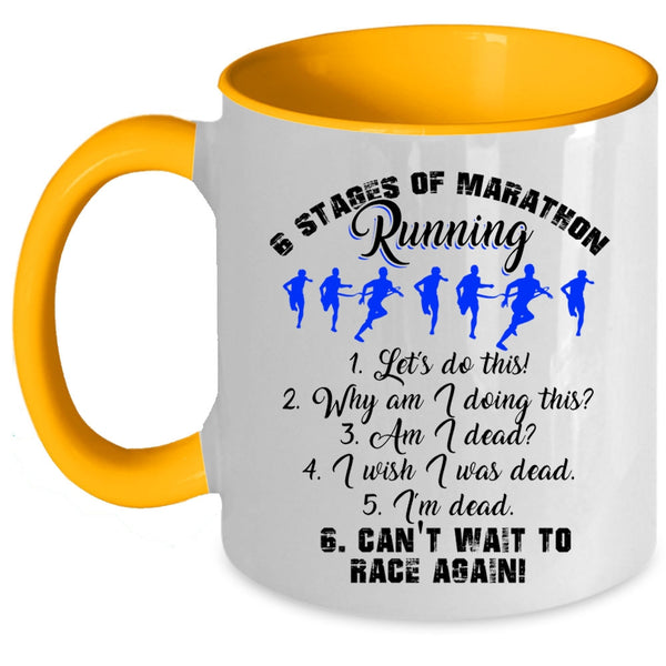 Funny Marathon Runner Coffee Mug, 6 Stages Of Marathon Running Accent Mug