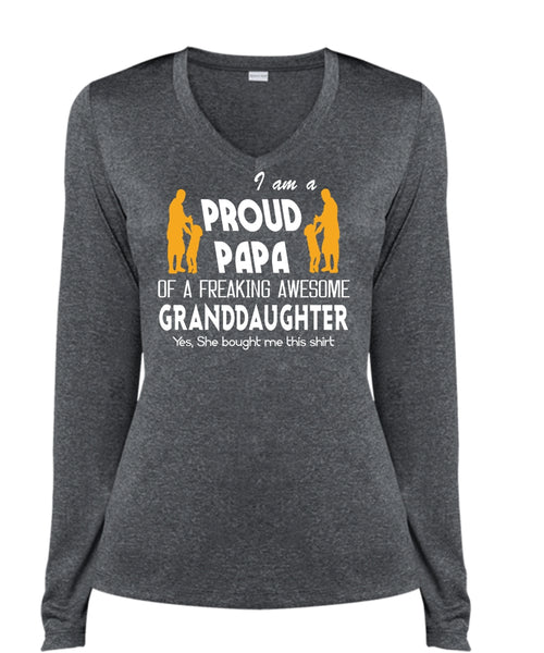 I Am A Pround Papa Of A Freaking Awesome Granddaughter T Shirt, Father's Day T Shirt (Ladies LS Heather V-Neck)