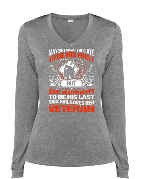 This Girl Loves Her Veteran T Shirt, I'm Happy T Shirt, Cool Shirt (Ladies LS Heather V-Neck)