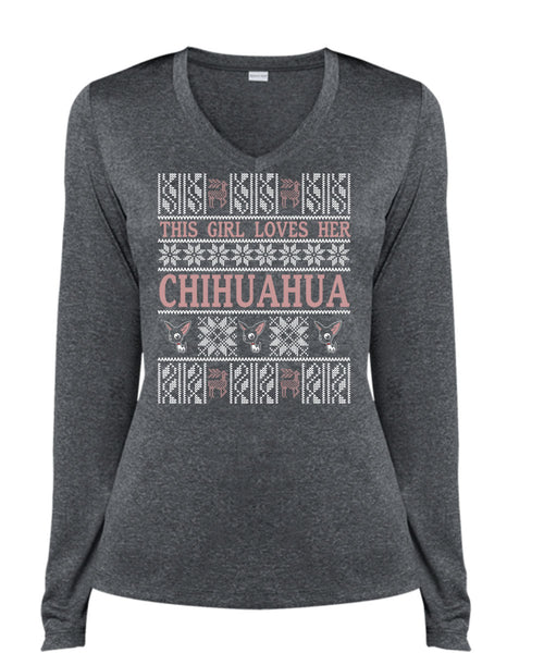 This Girl Loves Her Chihuahua T Shirt, This Girl Loves Christmas T Shirt, Cool Shirt (Ladies LS Heather V-Neck)