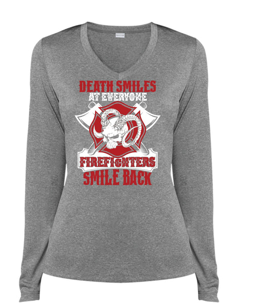 Firefighters Smile Back T Shirt, Being A Firefighter T Shirt, Cool Shirt (Ladies LS Heather V-Neck)