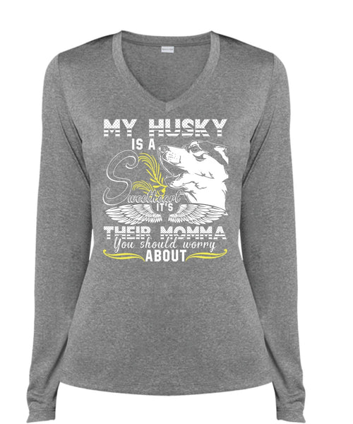 My Husky Is A Sweetheart T Shirt, It's Their Momma T Shirt, Cool Shirt (Ladies LS Heather V-Neck)