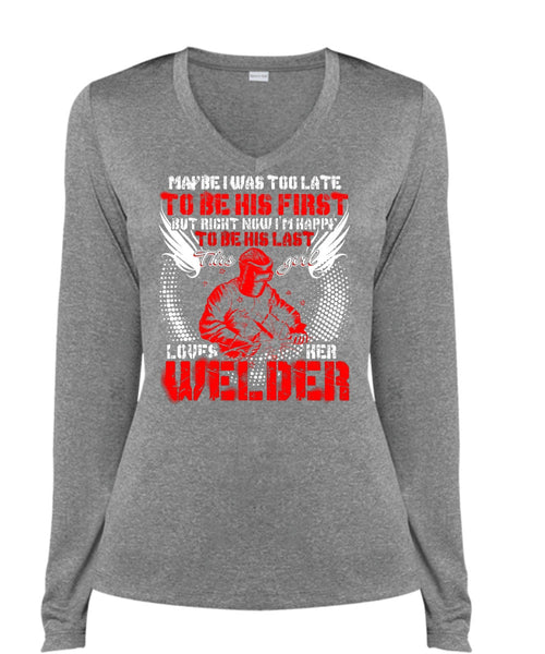 This Girl Loves Her Welder T Shirt, I'm Happy T Shirt, Cool Shirt (Ladies LS Heather V-Neck)