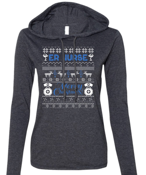 ER Nurse Merry Christmas T Shirt, Being A Nurse T Shirt (Anvil Ladies Ringspun Hooded)