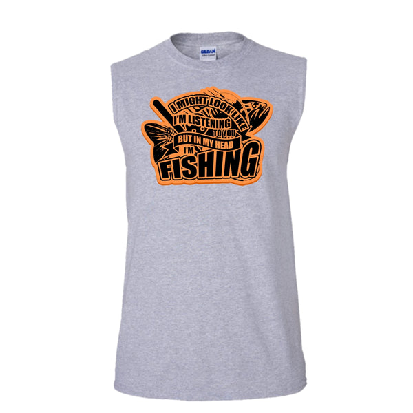 In My Head I'm Fishing T Shirt, Coolest Fishing Tank Top (Men's Cotton Sleeveless)