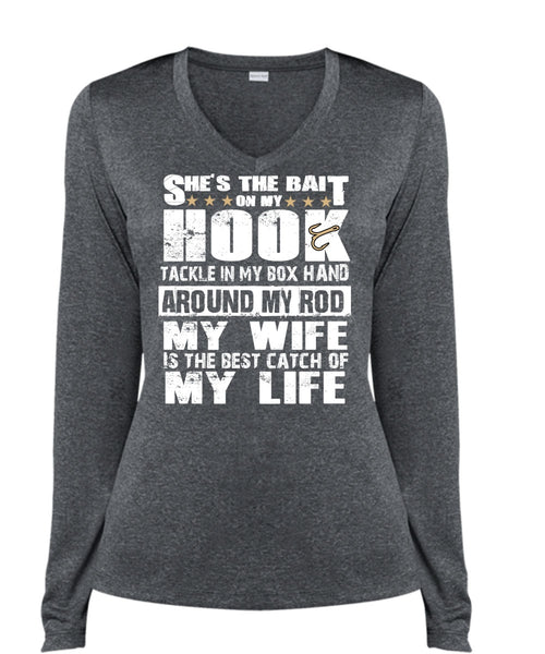 She's The Bait On My Hook T Shirt, My Wife Is The Best Catch T Shirt, Cool Shirt (Ladies LS Heather V-Neck)