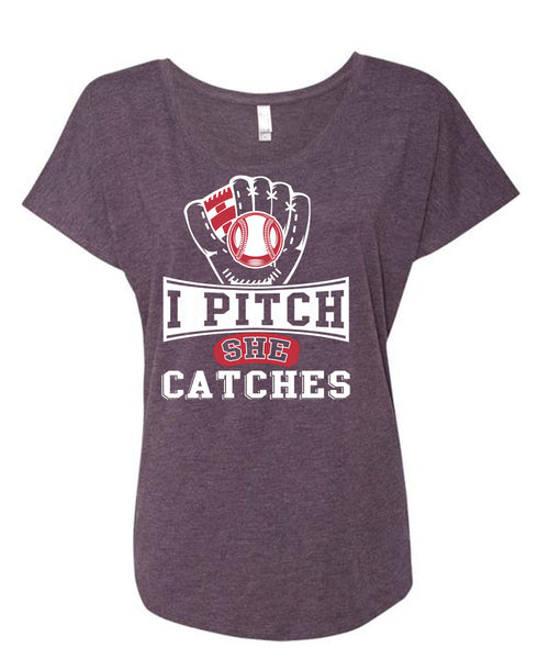 I Pitch She Catch T Shirt, I Love Baseball T Shirt, Cool Shirt (Ladies' Triblend Dolman Sleeve)