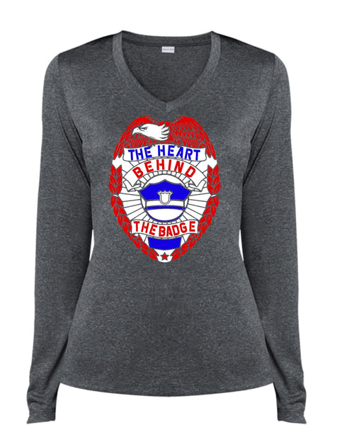 The Heart Behind The Badge T Shirt, Being A Police T Shirt, Cool Shirt (Ladies LS Heather V-Neck)