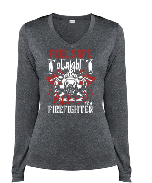 Sleep With A Firefighter T Shirt, Being A Firefighter T Shirt, Cool Shirt (Ladies LS Heather V-Neck)