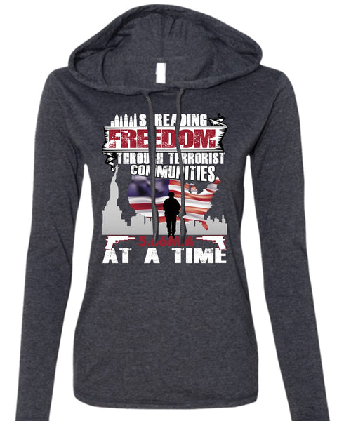 Spreading Freedom T Shirt, Being A Veteran T Shirt (Anvil Ladies Ringspun Hooded)