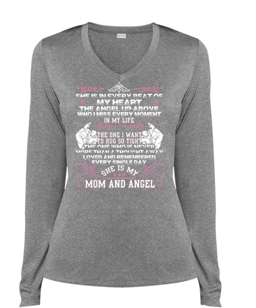 She Is My Mom And Angel T Shirt, I Love Mom T Shirt, Cool Shirt (Ladies LS Heather V-Neck)